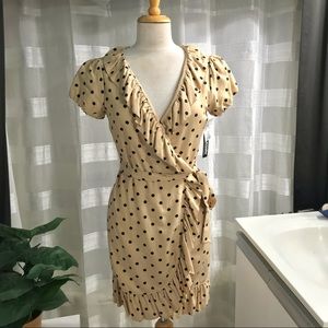 MOSCHINO Wrap dress, size 8, tan with black polka dots.